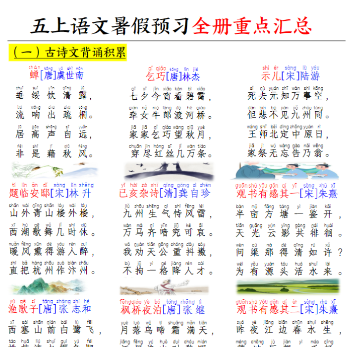 【高清电子版】五上册语暑假预习全册重点汇总