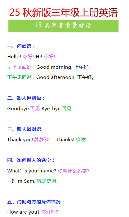 【2025秋新版】三年级上册英语13类常考情景对话