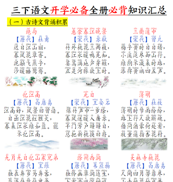 三下语文开学必备全册必背知识汇总（十二类知识点）29页