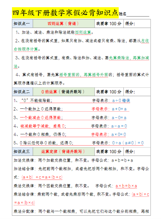 【精品】四（下）数学+寒假必背知识点