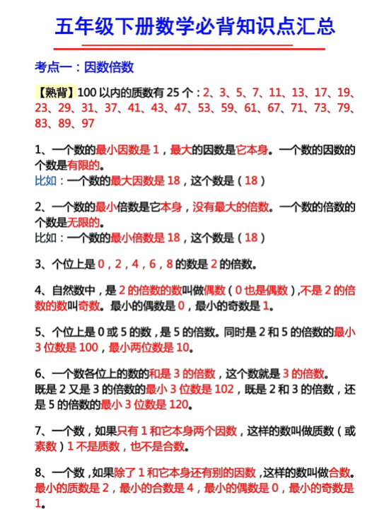 【精品】五年级数学下册《必背38个知识考点》