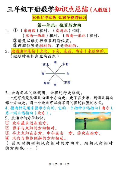 2025春三下数学知识点总结（人教版12页）