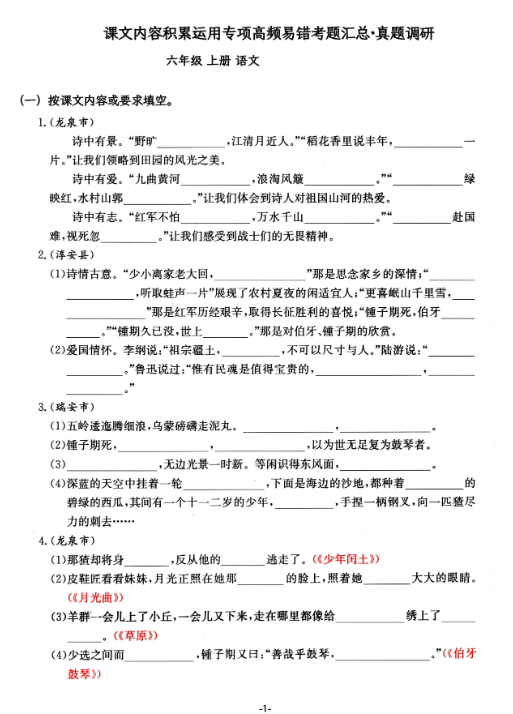 《2025春新课改六上语文期中要点背记卡拔高习题》