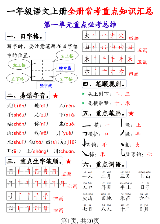 2025秋一年级语文上册全册常考重点知识汇总 （20页）