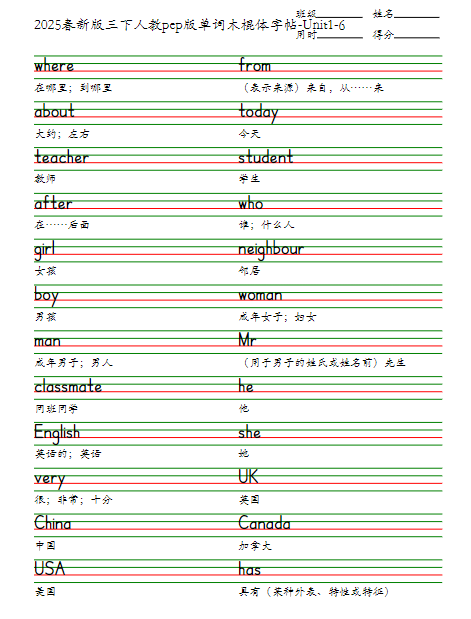2025春新版三下人教pep版单词木棍体字帖-Unit1-6