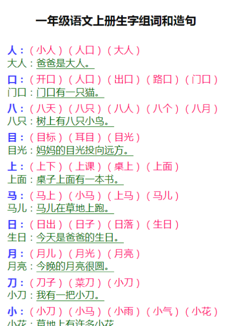 【高清电子版】一年级语文上册生字组词和造句