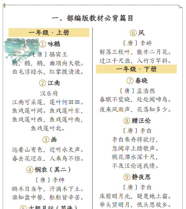 【高清电子版】小学语文 部编版教材必背篇目