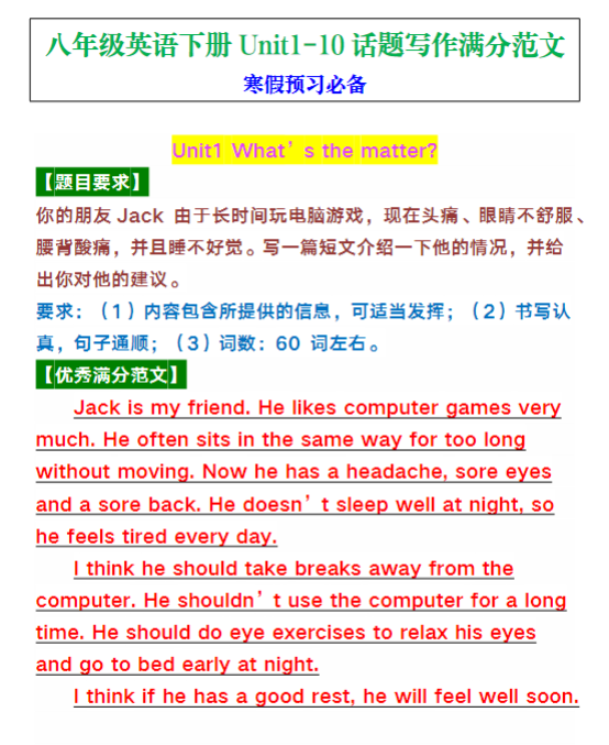 八年级英语下册Unit1-10话题写作满分范文