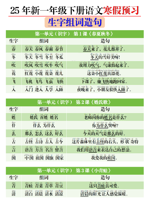25春一（下）语文寒假预习生字组词造句