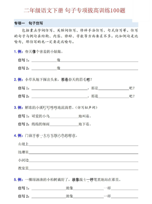 【精品】二年级语文下册 六大句子专项拔高训练100题