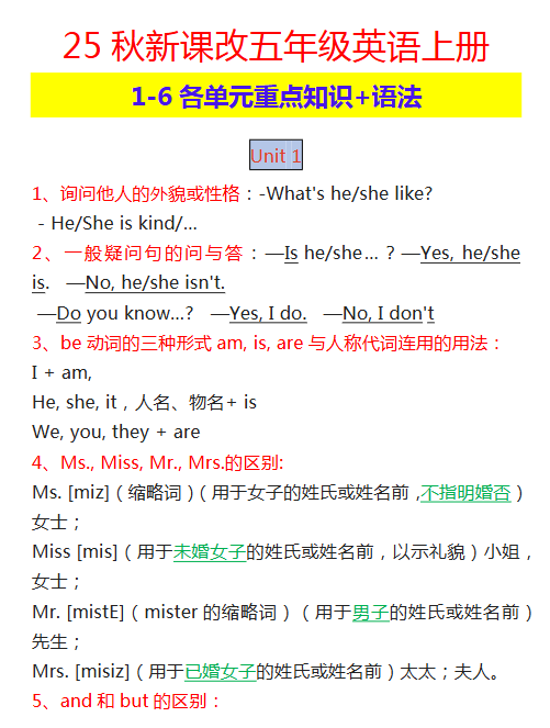 【2025秋新版】五年级英语上册 1-6各单元重点知识+语法
