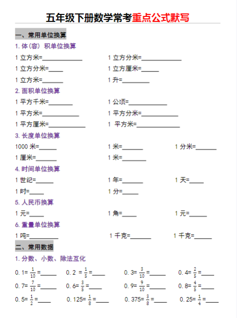 【精品】五年级下册数学常考重点公式默写
