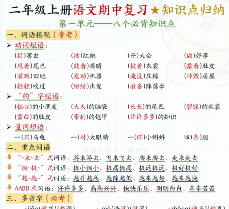 二年级上册语文期中知识点