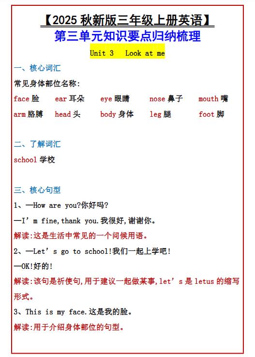 【2025秋新版】【三年级上册英语】 第三单元知识要点归纳梳理