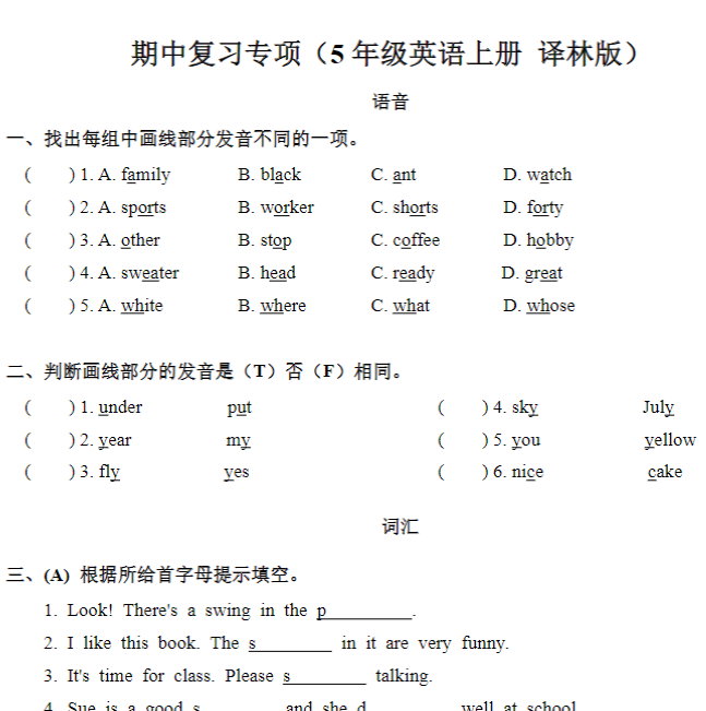 期中复习专项（5年级英语上册 译林版）
