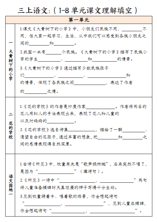 【精品】三年级上册语文课文理解填空（含答案）