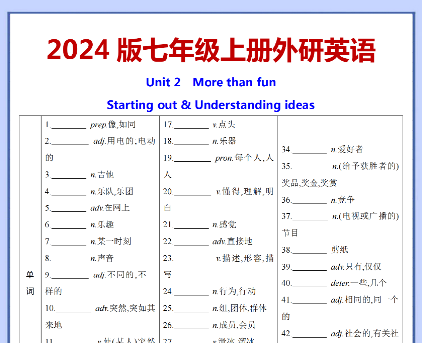 【七上外研英语】2024版 U2词句背默