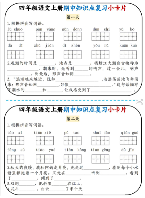 《2025春新课改期中知识点复习小卡片》（4上）