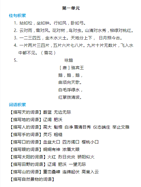 1年级语文上册词语归类积累 课文佳句汇总