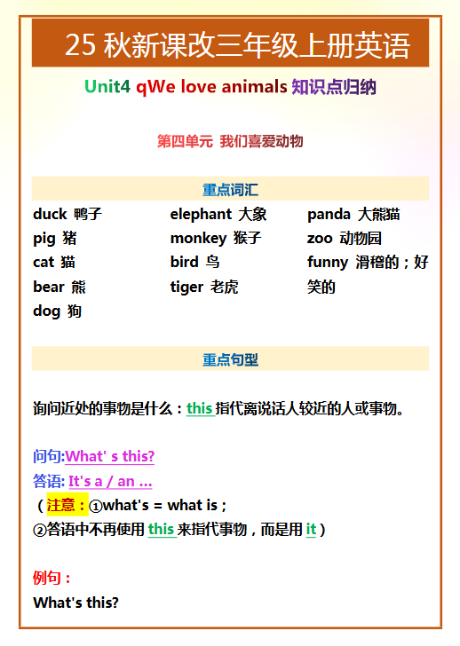 【2025秋新版】三年级上册英语第四单元知识点整理