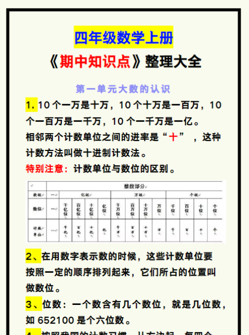 四年级数学上册《期中知识点》整理大全，收藏复习！