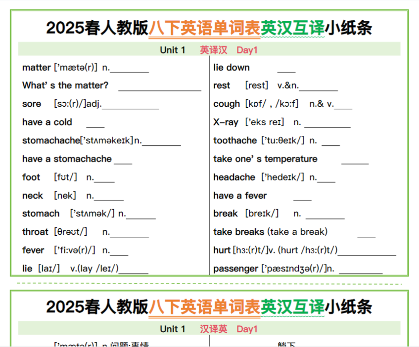 22页！2025春人教版八下英语单词表英汉互译小纸条