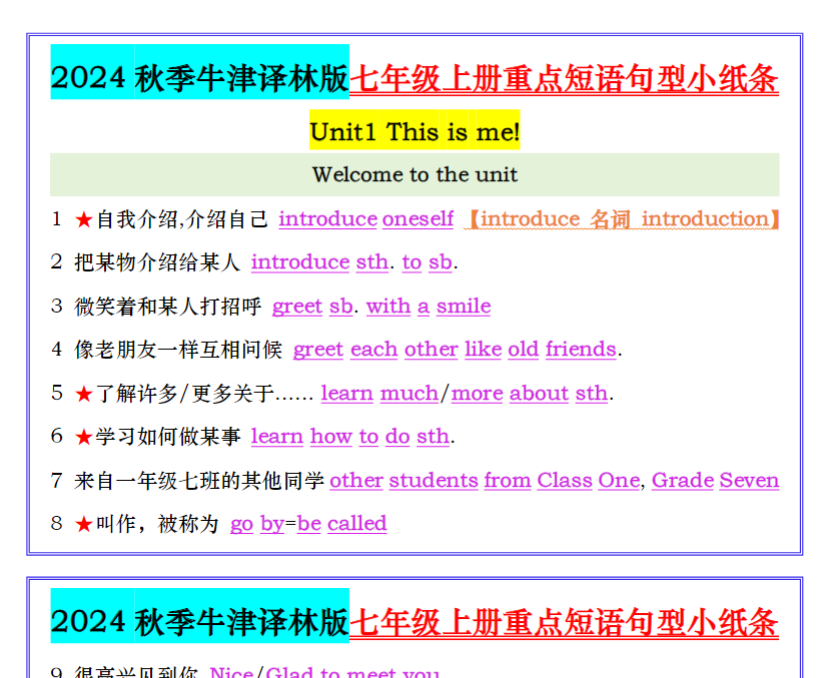 32页！2024秋季牛津译林版七年级上册重点短语句型小纸条1-4单元