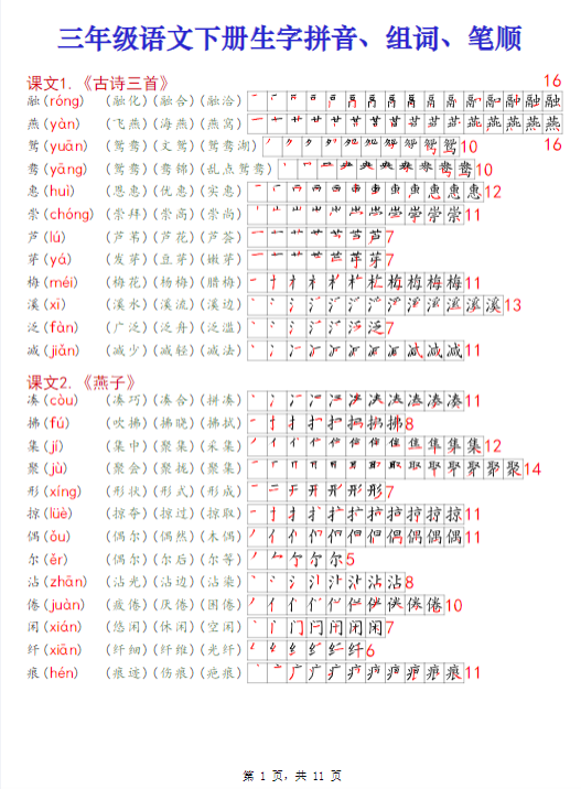 《2025春新课改三年级下册语文课课贴高清版（生字拼音组词笔顺）11页