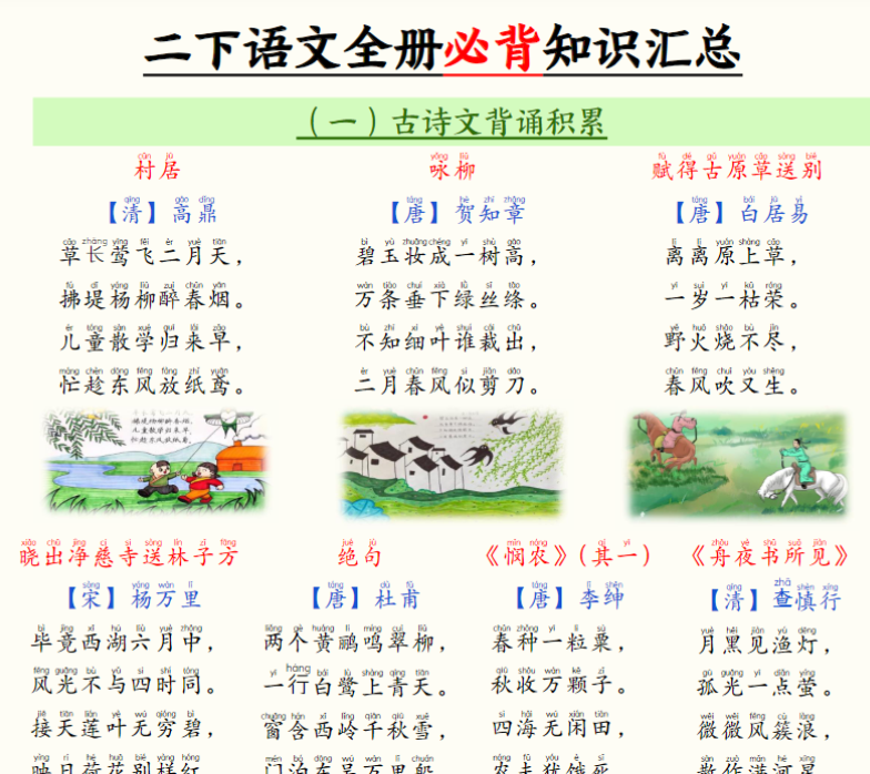 二下语文期末全册必背知识汇总(25页）