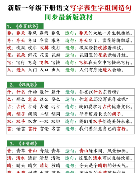 【高清电子版】【25春新一下语文写字表生字组词造句12页
