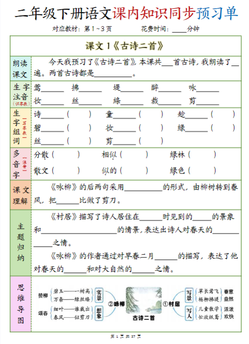 【精品】二年级下册语文课内知识同步预习单1-14