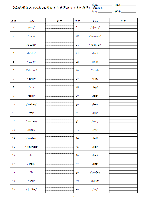 2025春新版三下人教pep英语单词默写练习（音标默写）-Unit1-6