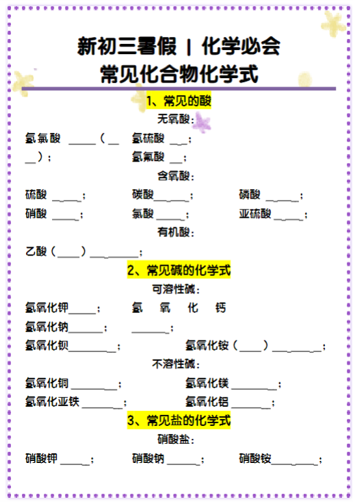 新初三化学必会：常见化合物化学式