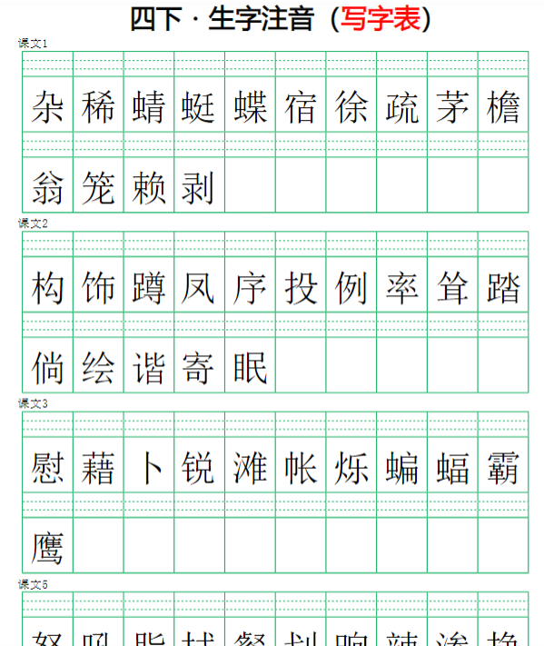 【注音练习】（写字表）四下语文