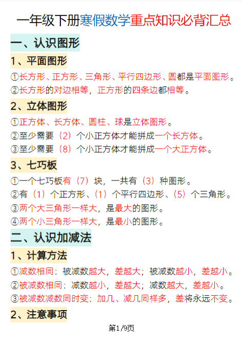【精品】寒假预习一年级下册数学重点知识必背汇总