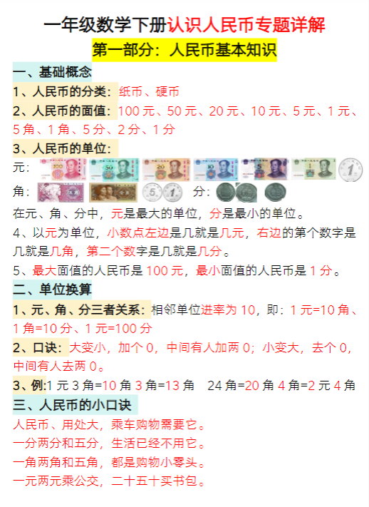 一年级数学下册认识人民币专题详解