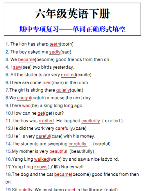 六年级英语下册 期中专项复习单词正确形式填空