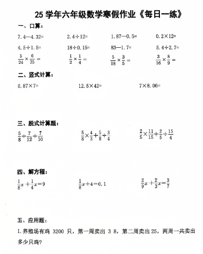 2025最新6年级数学寒假作业
