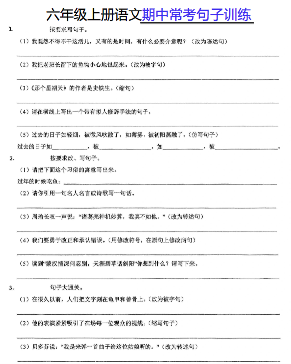 【精品】六（上）语文期中常考句子训练