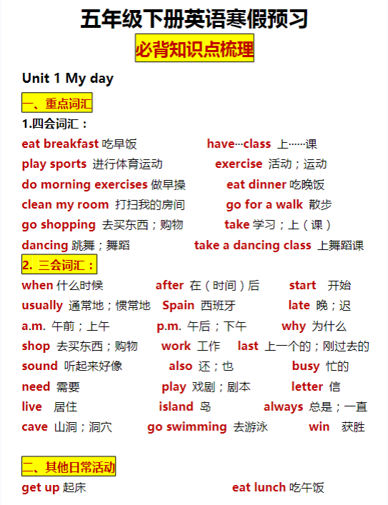 【知识点归纳】人教英语PEP小学五年级英语下册+知识点归纳+人教PEP版