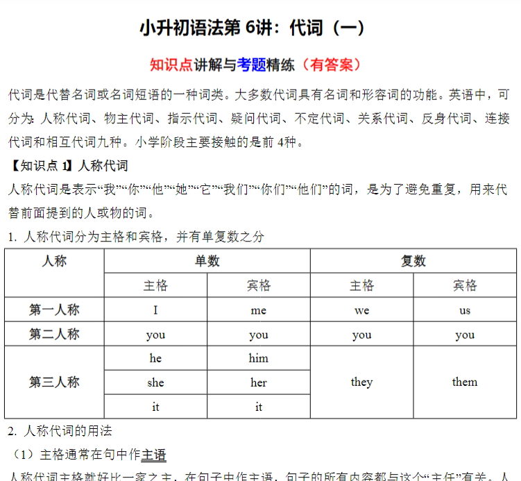 10页小升初语法专题讲练第6讲：代词（一）