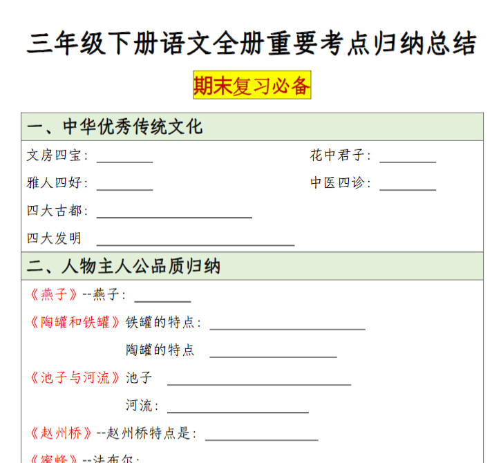 20页！【期末全册重要考点归纳总结】三下语文(空白)