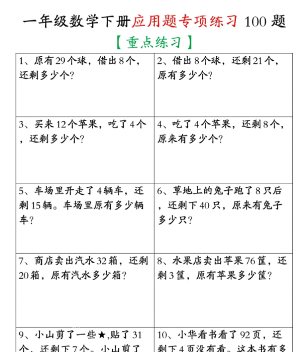 一年级下册数学应用题专项练习100题