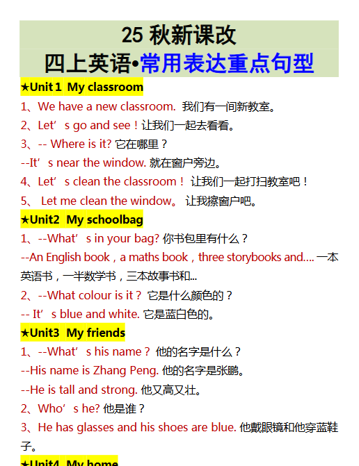 【2025秋新版】四上英语•常用表达重点句型