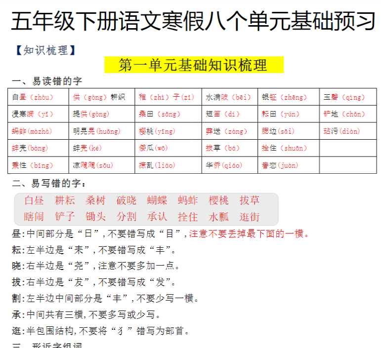 21页《语文第1单元基础复习（知识梳理+检测）》五年级下册