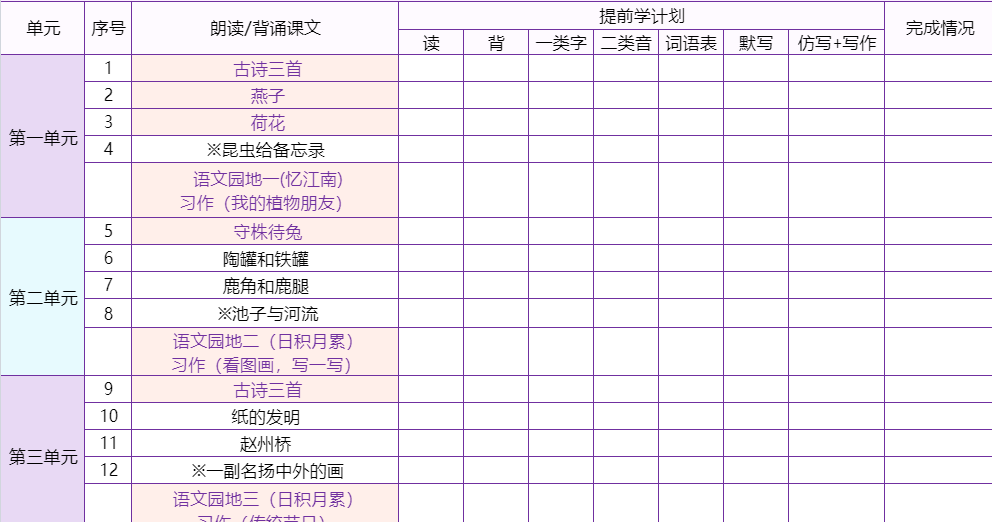 三下语文预习表