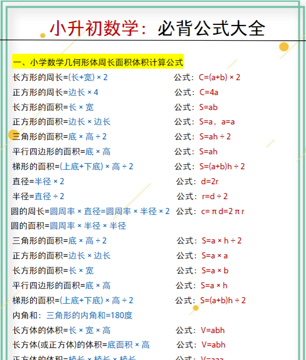 《小升初数学必背公式大全》