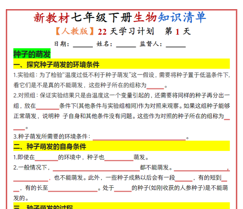 22页！七年级下册生物知识清单（人教版2025）22天学习计划（挖空版）