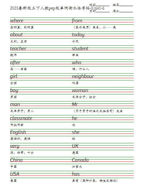 2025春新版三下人教pep版单词衡水体字帖-Unit1-6
