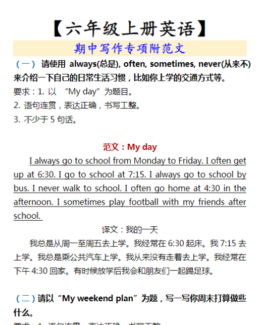 【六年级上册英语】 期中写作专项附范文